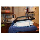 Framed mirror & asst blankets