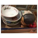 Covered dish, plates, head bust decorator &