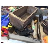 Hatchets, wood box & assorted