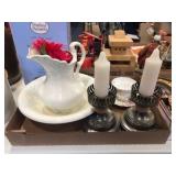 Pitcher, bowl, candle holders & assorted