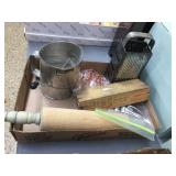 Sifter, grater, rolling pin, cookie cutters, box