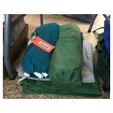 Low profile beach chair, tent tarps & assorted