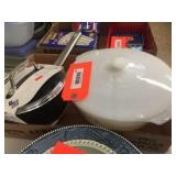 Fire King covered casserole & porcelain enamel