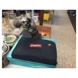 Scrabble game, hand statue & metal box