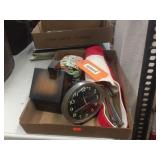 Knitting needles, purses, clock