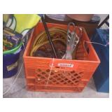 Plastic crate- jumper cables & assorted