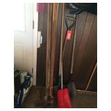 Post hole digger, shovels, rakes & assorted