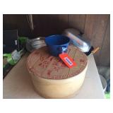 Round wood box, enamelware, wok set & assorted