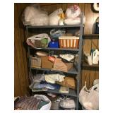 Metal shelf & contents, craft items, fabric, asst