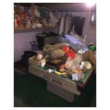 Pool table & contents, bags, fireplace, clothes