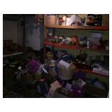 Large group on shelves, box with kitchen items