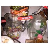 Spotted pitcher, painted glass cookie jar