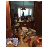 Fabric, boes, items on shelf, items in corner