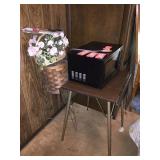 Small dro leaf table, microwave, baskets, asst