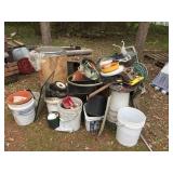 Gardening group, bed frame, yellow table & cans
