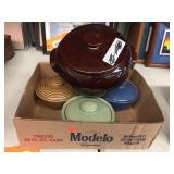 Bean pot, covered bowls, one has a crack