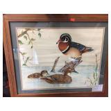 Framed ducks on silk. 22"x19"