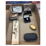 Cuff links, tie tacks, ladies dinner ring, pill