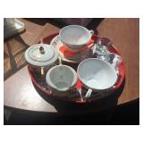 Metal tray / cups & saucers / creamer & sugar