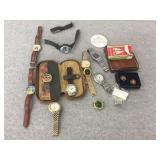 Mens wrist watches & assorted pins, playing cards