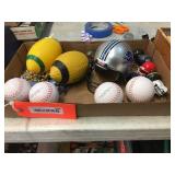 Mini plastic footballs, helmets, foam baseballs