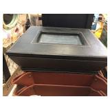 Hinged photo box, 2 leather baskets, photo holder