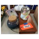 Snow globe, money jar, asst