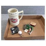 Baseball fobs, mug, asst pins