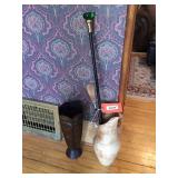 Walking stick, shoe horn & vases. One vase has