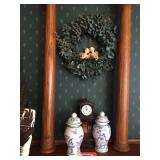 Wreath, covered vases & assorted