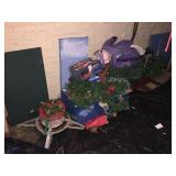 Christmas tree stands, mini wood sleigh, blue