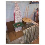 Ironing board, box fan, tables, cot & assorted