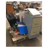 Pallet of office related, luggage, file cabinet