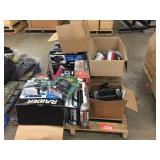 Pallet w/battery tenders, saddle bags, ski dollies