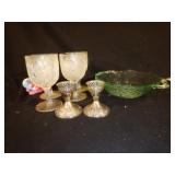 Green Glass, Cups & Sterling Plated Candlesticks