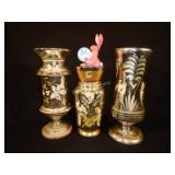 Three Victorian Etched Mercury Glass Vases