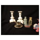 Metal Teacup & Saucer, Candlesticks, Bottles