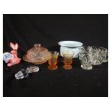 Pink Depression Glass, Cream Sugar & Metal Cup