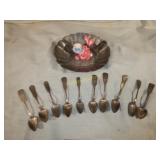 Pewter Bowl & 10 Spoons Pewter/Coin Silver