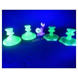 2 Pair Candlesticks Green Depression Glass