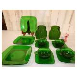 Heavy Green Glass OWLS & 4 Cups