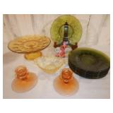 Cake Stand, Green Plates, Candlesticks