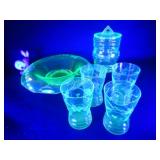 Covered  Jar, Center Bowl & Glasses Green