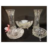 Leaded Cut Glass Vases and footed Bowl