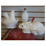 Rooster on Nest Rabbit Fish Bottle Milkglass