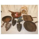 3 Iron Pans, 4 Sad Irons &  Skillet