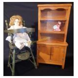 Small Pine Cupboard Doll Highchair & Doll