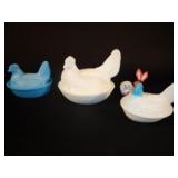 Large Hen on Nest Milkglass Aubury & two others