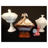 Carmel Swirl Cover Candy Dish & 2 Milkglass
