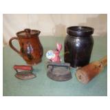 Redware Small Sad Irons &  Old Crock